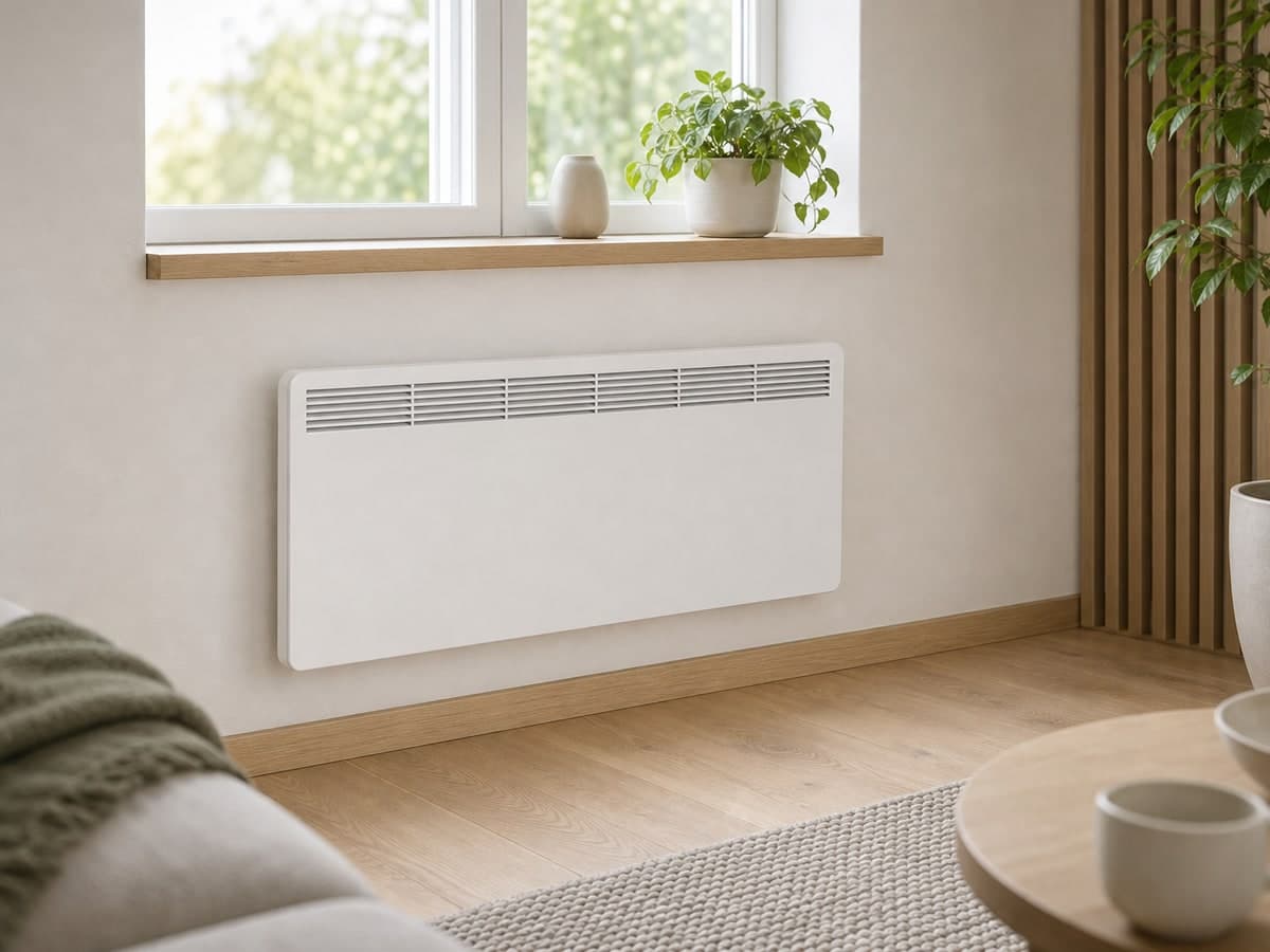 Bílý nástěnný elektrický konvektor pod oknem obývacího pokoje