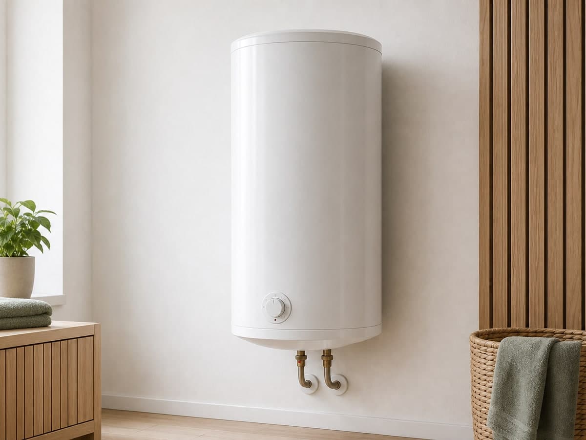 Bílý válcový elektrický ohřívač vody zavěšený na stěně koupelny
