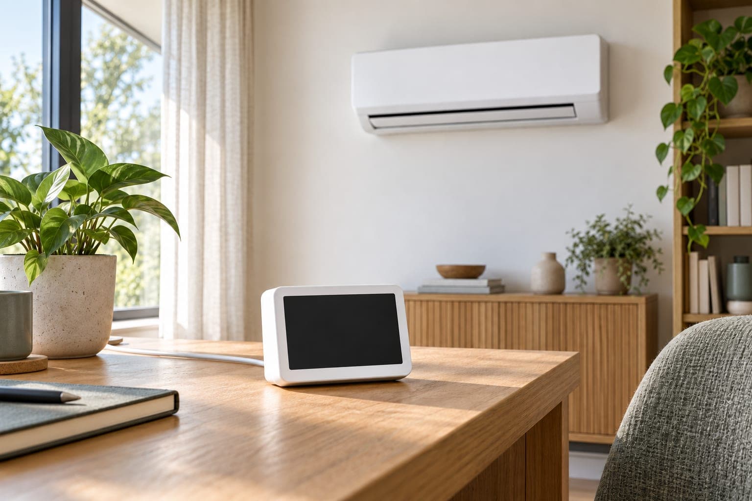 Klimatizace v moderním pokoji s měřičem spotřeby energie v popředí